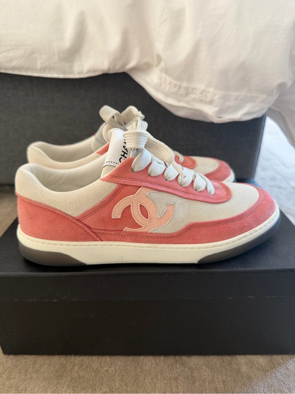 CHANEL Coral Pink & Cream Suede Logo Sneakers